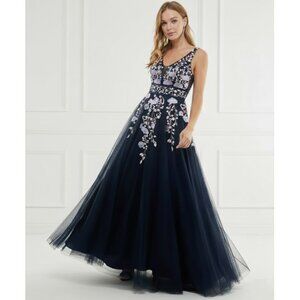 Say Yes To The Prom Floral Embroidered Navy Tulle Ball Gown, 9 NWT